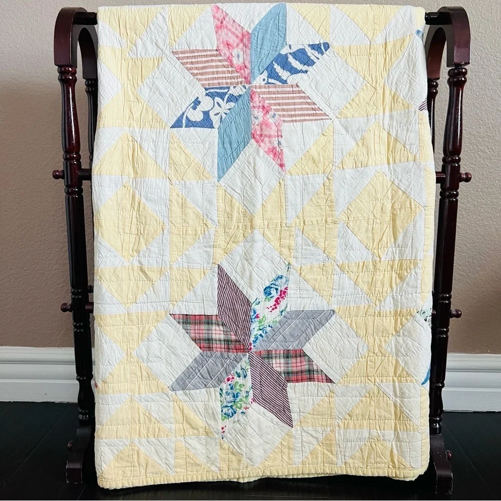90”x50” Vintage from 1940’s Eight Point Star Hand Stitched Cotton Quilt.